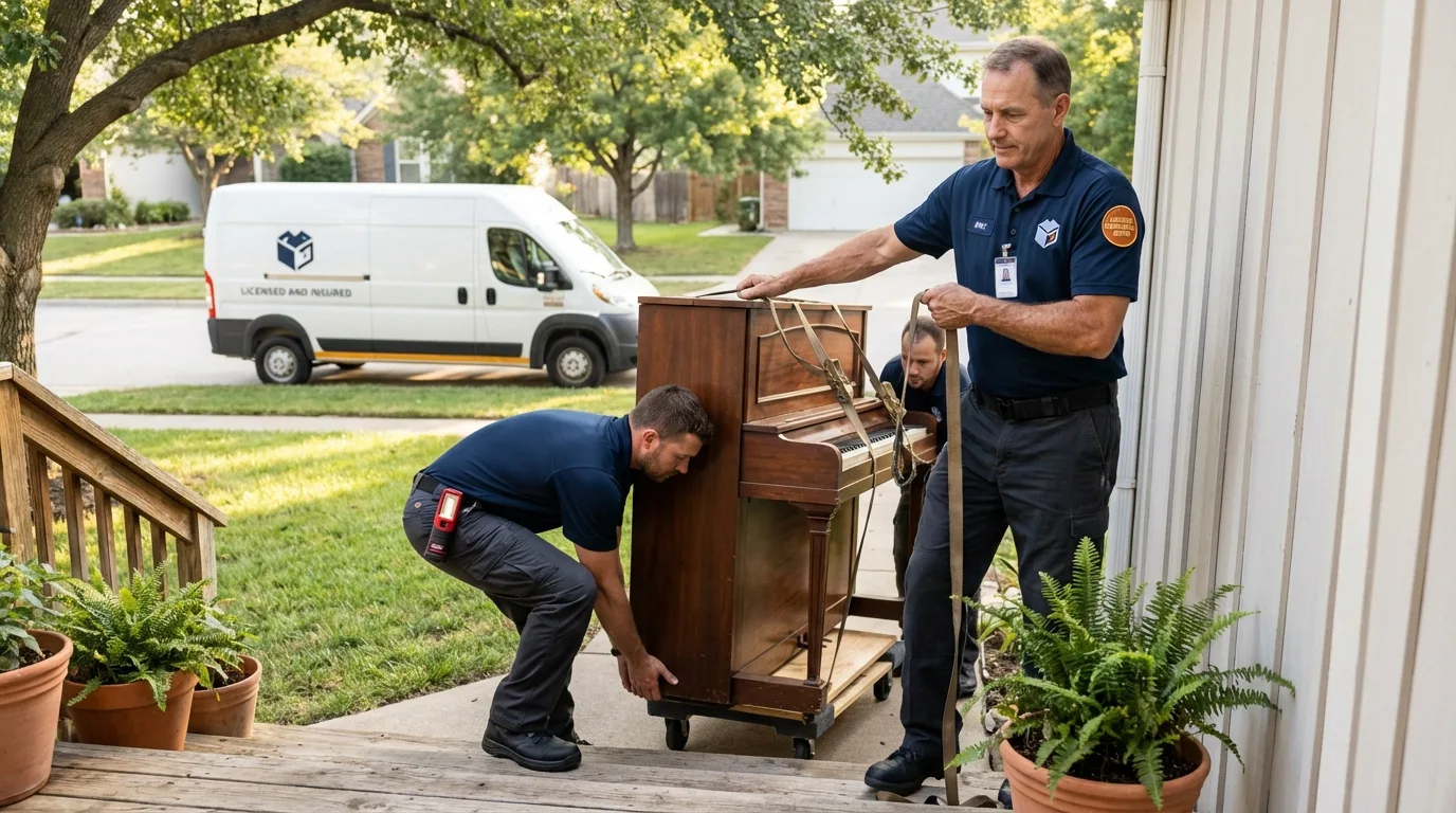 Licensed piano movers securing grand piano in Port Washington, NY
