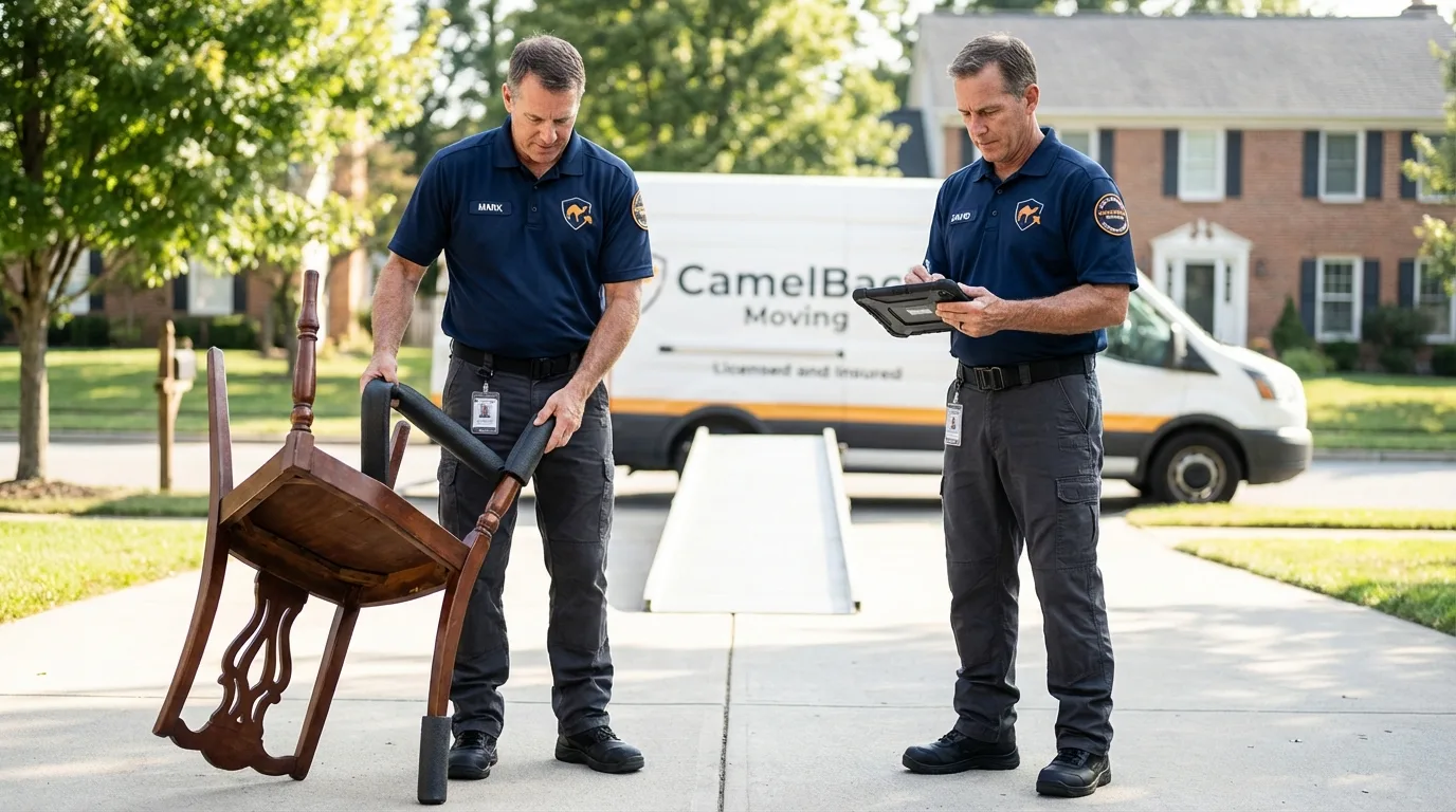 Movers inspecting furniture for damage prevention before loading in Port Washington, NY