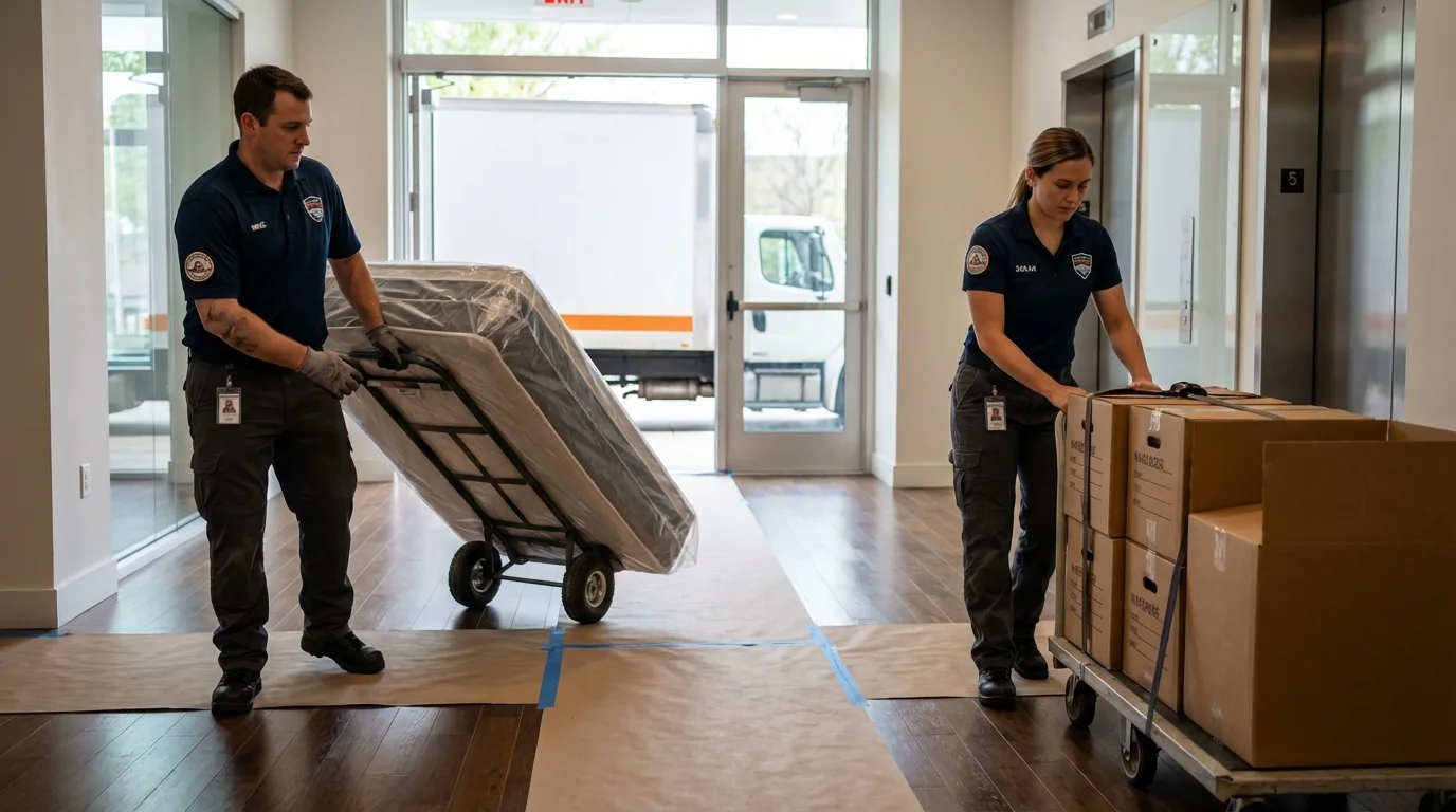 Professional apartment movers loading elevator in Port Washington, NY