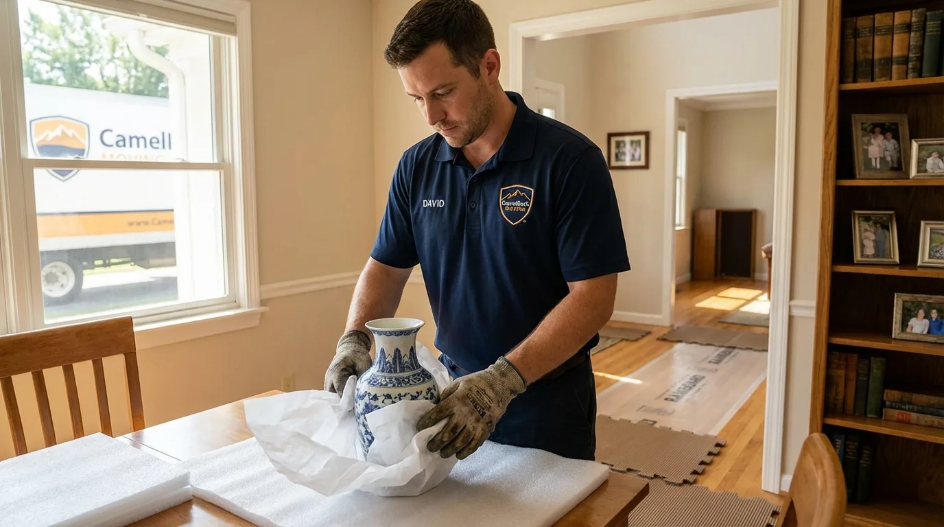 Professional crew carefully wrapping antique vase for senior downsizing move in Port Washington, NY
